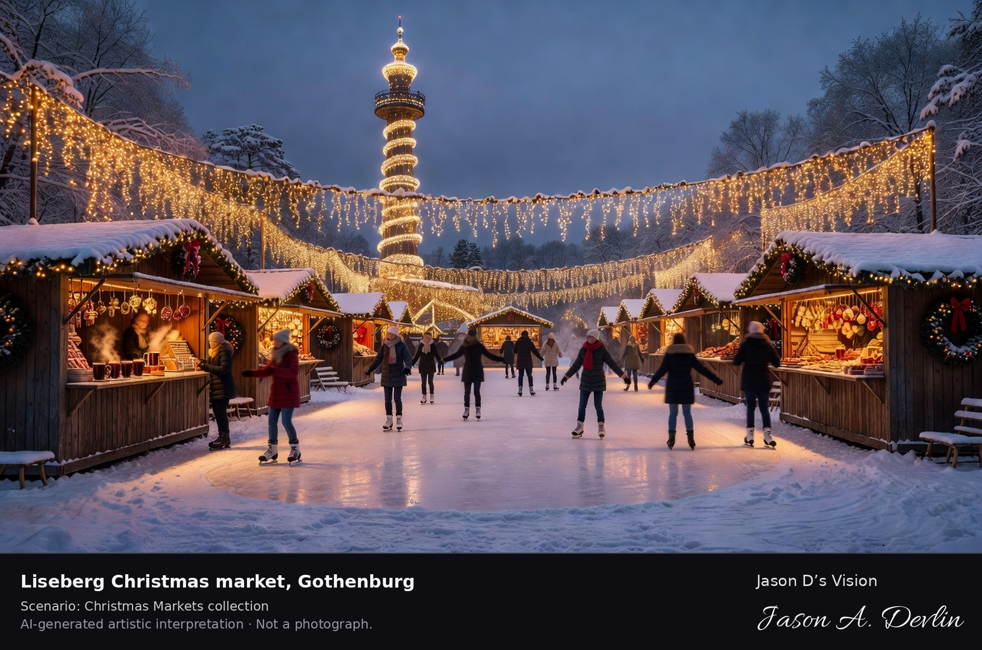 AI-generated artistic interpretation of Liseberg at Christmas in Gothenburg, Sweden — the glowing ice rink and light-draped tower in the evening.